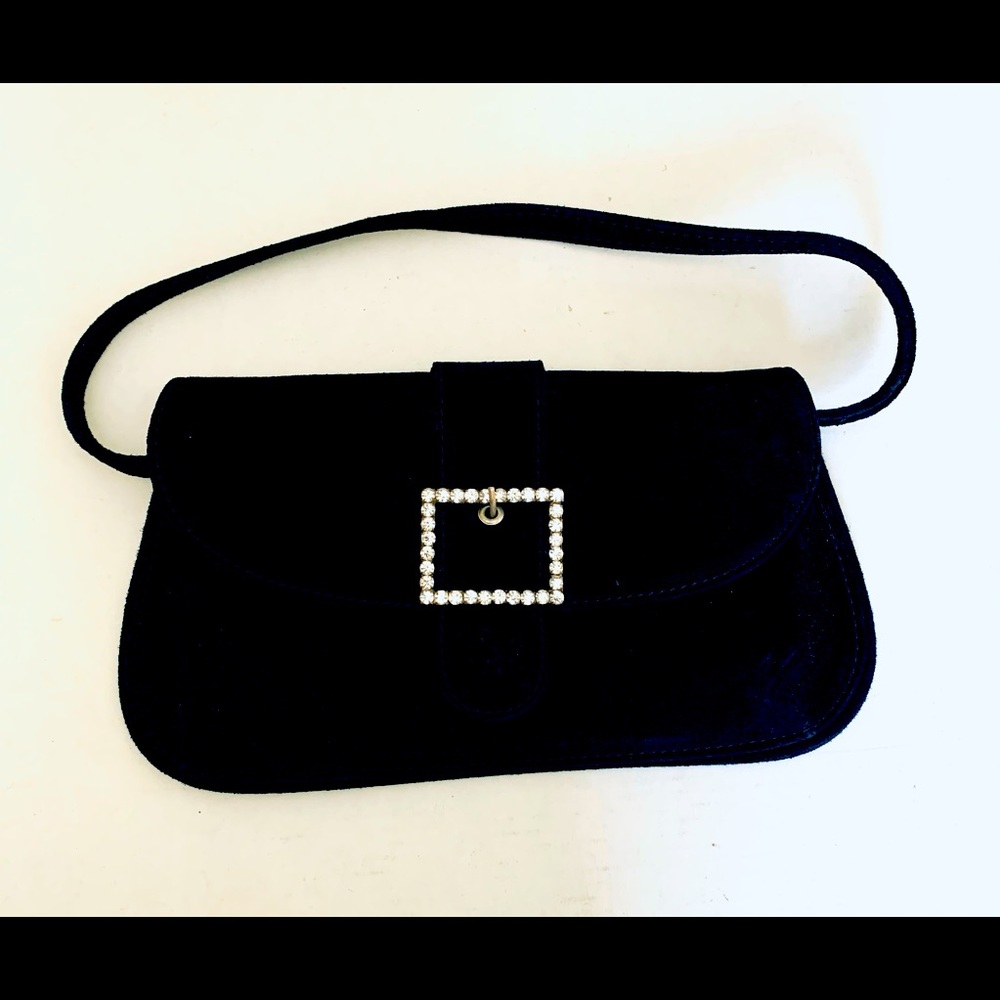 Black real suede leather evening purse clutch square buckle w shiny rhinestones